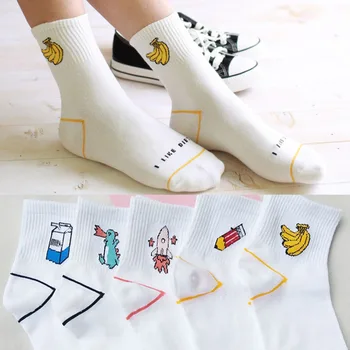 

Sale White Cotton Letters Print Socks Lovely Cartoon Dinosaur Milk Banana Girls Casual Female Socks