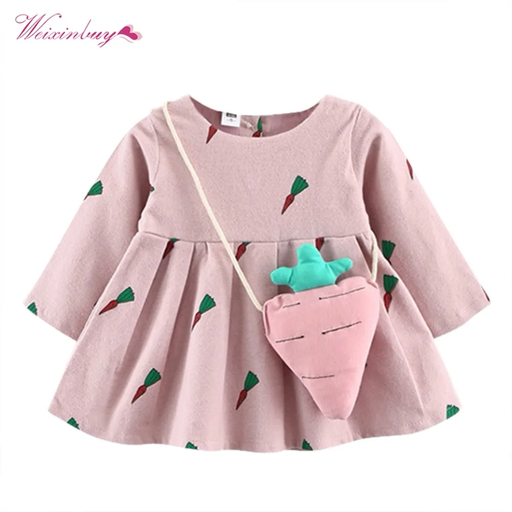 

WEIXINBUY Cartoon Radish Winter Warm Girls Dress With Bag Velvet Printing Korean Dress Children Clothing Costume Plus Size