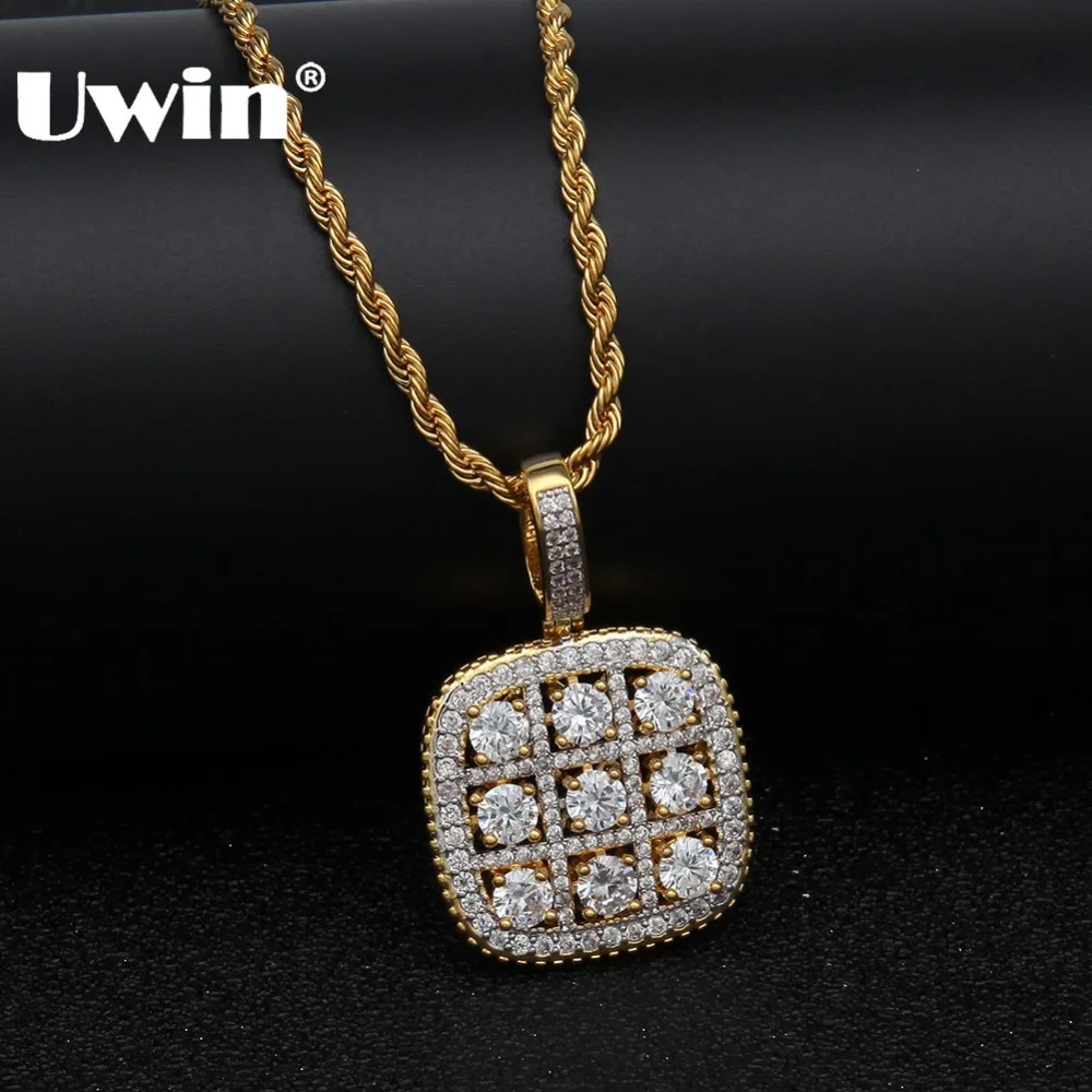 

Uwin Micro Pave Iced Cubic Zircon Square Necklace Men/Women Double Color Plating CZ Pendant Fashion Punk Jewelry Gifts Chain