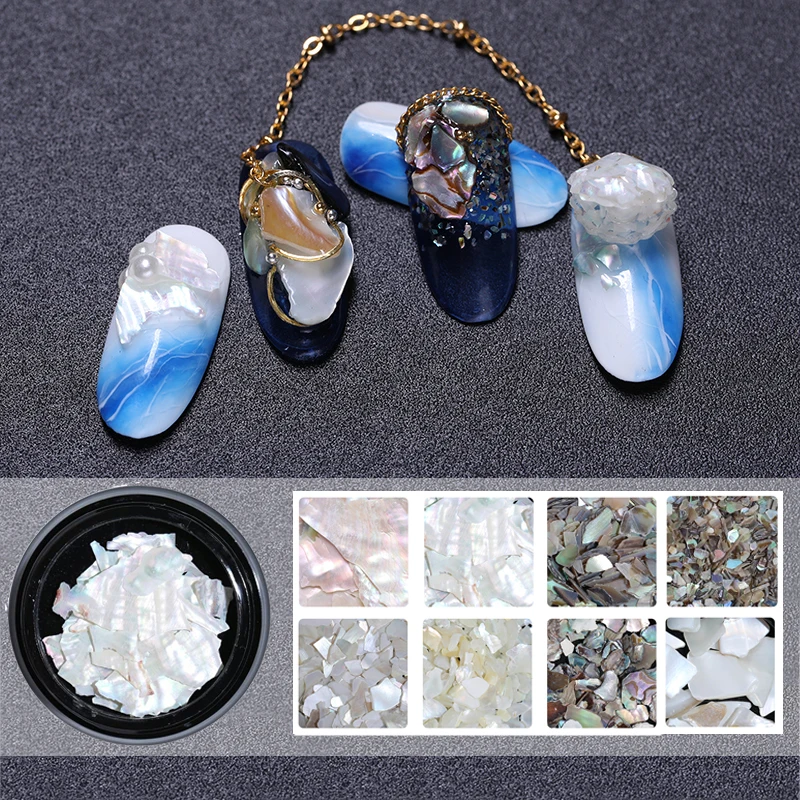 

1 Box 3D Nail Natural Seashell Stone Mixed Size Holographic Irregular Shell Slice Pattern DIY Nail Art Decorations Design Tools