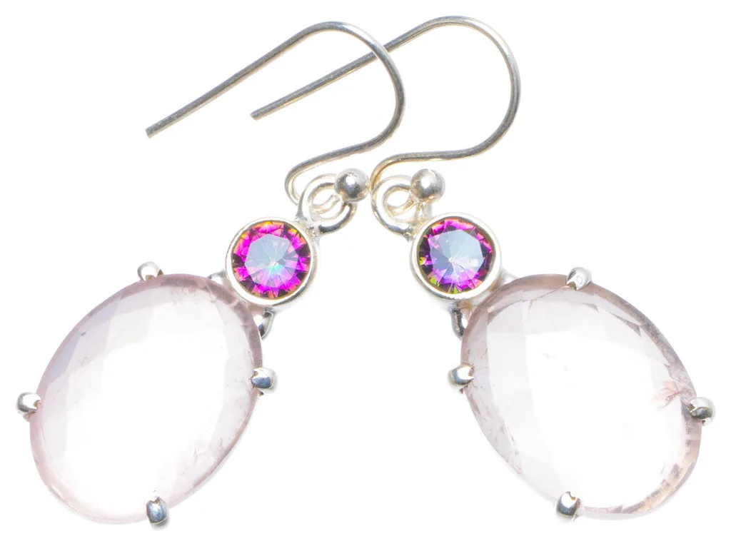 

Natural Rose Quartz and Amethyst Handmade Unique 925 Sterling Silver Earrings 1.5" X4962