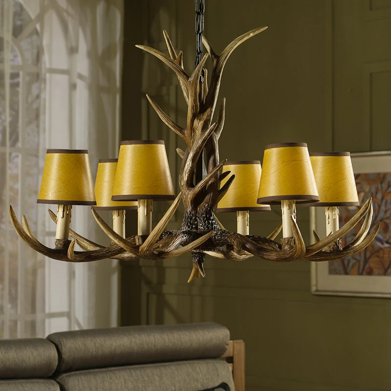 6 8 10 Lights Vintage Deer Chandelier Antlers Resin Chandeliers Candle Fixtures with Alphabet Cloth Lampshade Christmas Decor Lustres