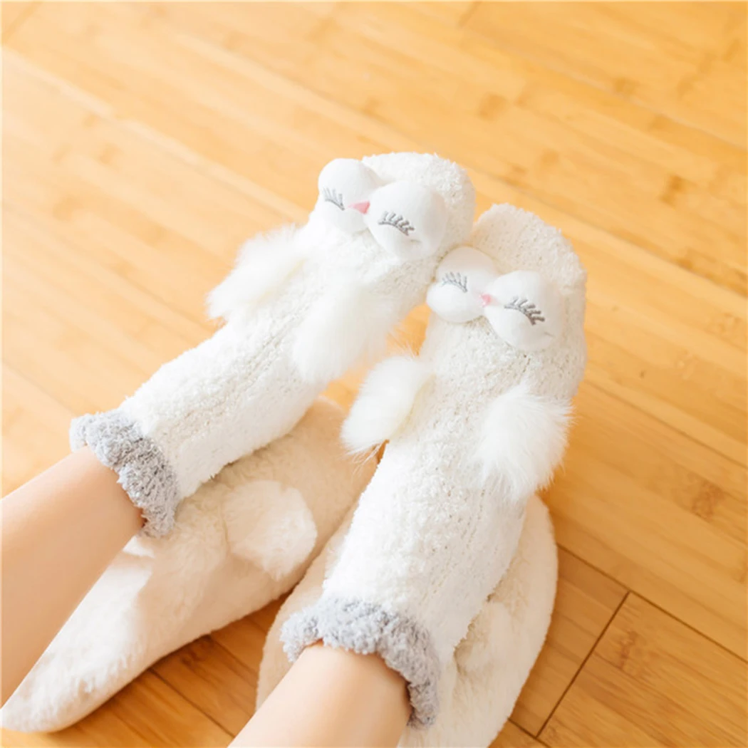 Женские милые носки с животными зимние Бархатные Теплые мягкие домашние носки-тапочки Харадзюку кавайные женские пушистые носки для сна с кроликом и совой
