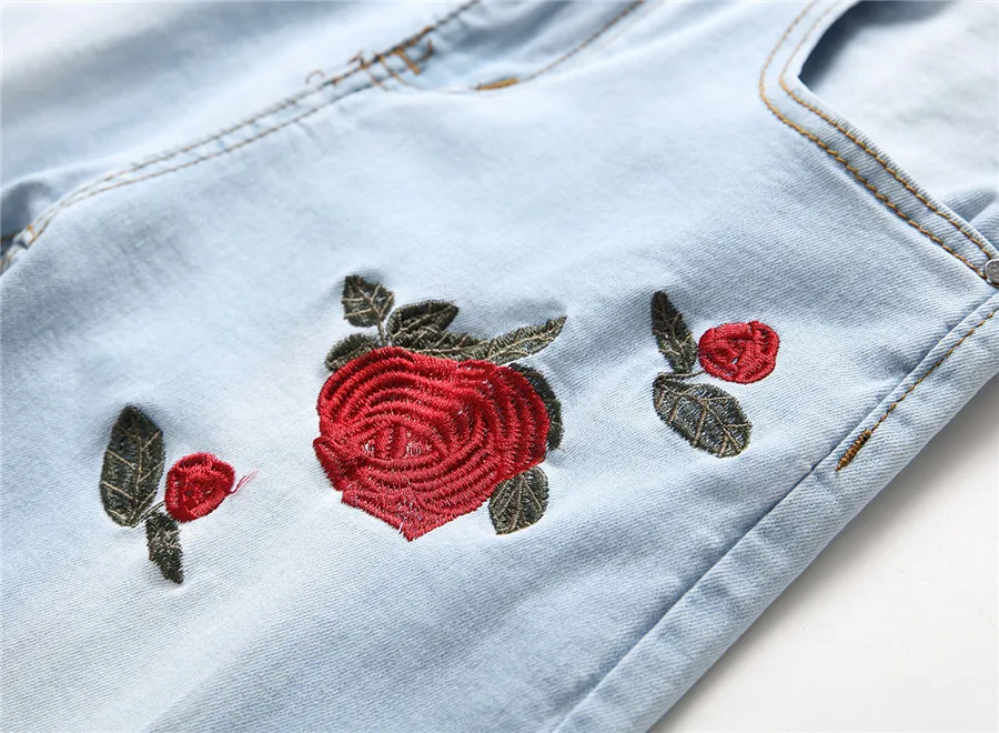 Рваные джинсы с вышивкой для мужчин цветочной вышивкой розы джинсовые женские Стрейчевые джинсы-скини Push размеры 40 42 джинсы для женщин