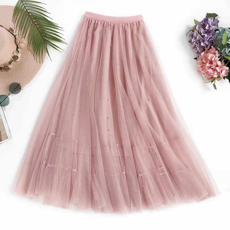 

Wasteheart Pink Spring Lace Women Skirt Casual Women High Waist Pleated Ankle Length Skirts Mesh Clothing All-match Ball Gown