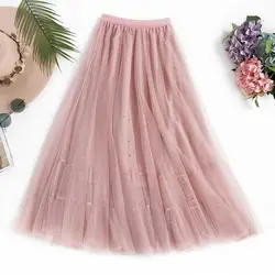 Wasteheart Розовый Весна Кружева Для женщин юбка Повседневное Для женщин Высокая талия плиссированные юбки длиной до лодыжки сетчатая одежда