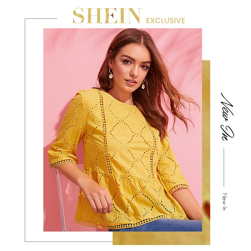 SHEIN, топ с баской на спине, блузка, желтый, бохо, однотонный, кружево, с ушками, вышивка, оборки на подоле, женские летние блузки