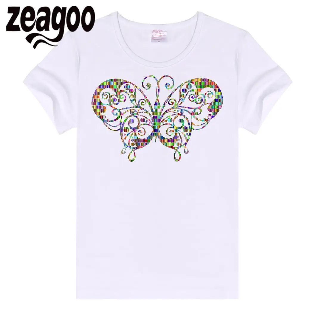 Zeagoo шеи Повседневное Основные Обычная экипажа Для женщин Slim Fit мягкий короткий рукав Футболка белая бабочка 530