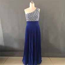 Real Sample Formale Lange Abendkleider Elegantes Schulter Perlen Royal Blue Chiffon Abendkleid Abend Party Kleider Vestidos
