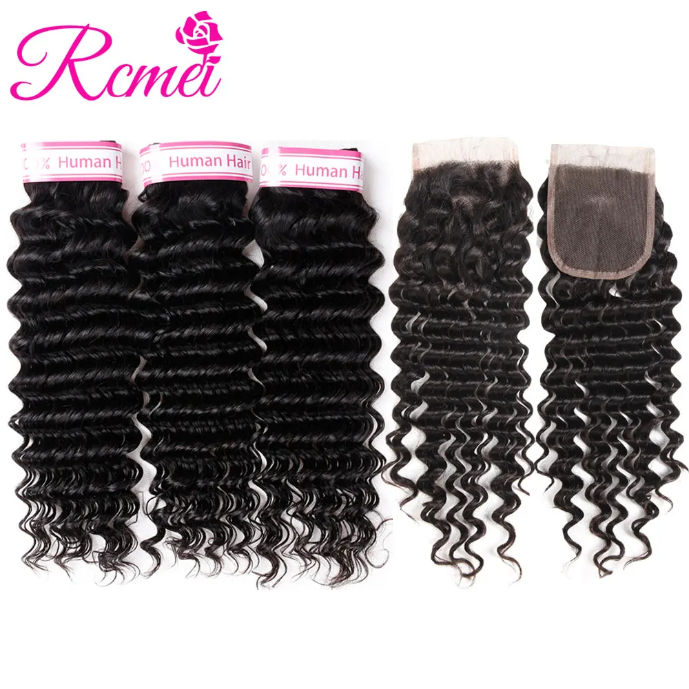 Rcmei Brazilian Deep Wave Bundles With Closure Remy Deep Wave Human Hair Weave 3 Bundles With Lace Closure Deep Curly Extensions