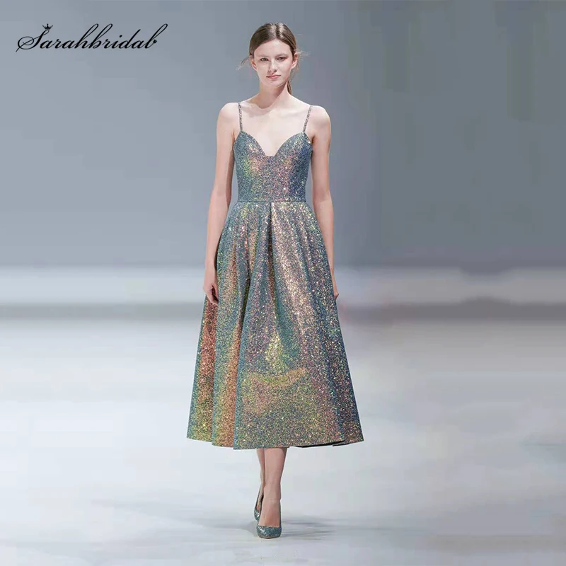 

2019 New Arrivals Special Shiny Fabric A Line Prom Dresses Actual Ankle-Length V-Neck Prom Gowns Sexy Robe De Soiree WT9527