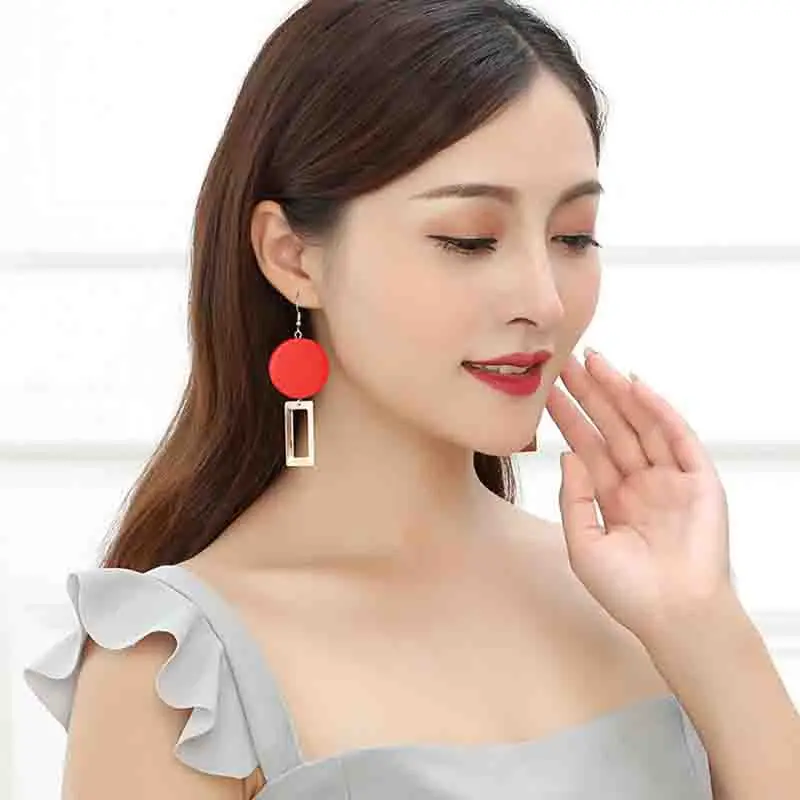 

European and American temperament retro red wood square geometric mosaic personality delicate earrings