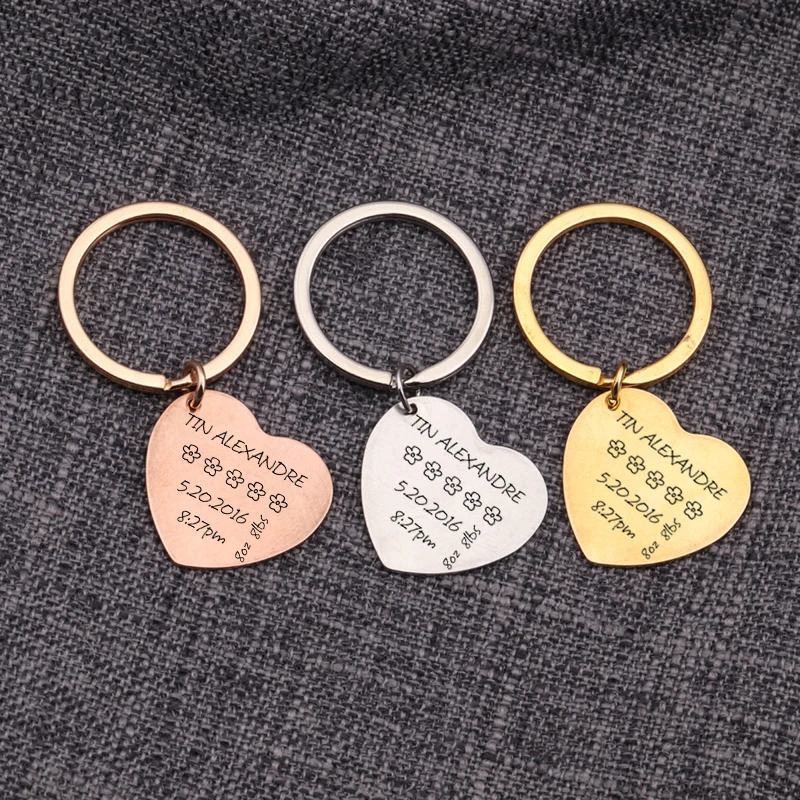 

Keyrings Custom Name Date Time Weight Heart Keychain Pendant Jewelry Baby Stats Engraving Gift Family Keepsake Accessories