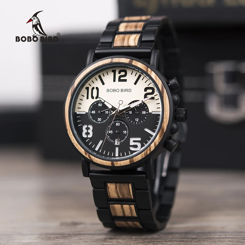 

BOBO BIRD Relogio Masculino Business Men Watch Metal Wooden Wristwatch Chronograph Date Display