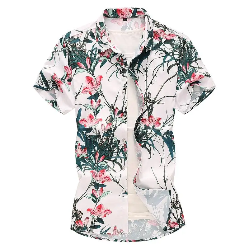 Camisa masculina рубашка для мужчин цветы сафлор зеленые листья Цветочные блузки для мужчин с коротким рукавом рубашка для отдыха летний Гавайский стиль