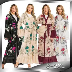 2019 Wanita Baju Muslim Cardigan Club Gaun Pesta Bordir Bunga Islam Abaya Gaun Gamis Muslim Wanita Caftan Marocain