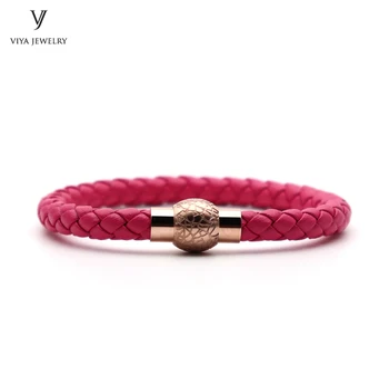 

Magnetic Closure Braided Leather Bracelets High Quality Stainless steel Magnetic Locks With Real Rose Red Cow Leather Bracelets
