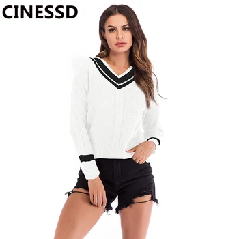 CINESSD Women Striped Pullover Sweaters White&Black V Neck Long Sleeves Patchwork Knit Casual Tops Tunic Autumn Loose Sweaters white v neck cold shoulder long sleeves sweaters