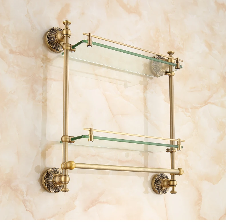Prateleira de Vidro com Barra Barra de Toalha do Banheiro Fixado na Parede Prateleira de Vidro Duplo de Toalha do Banheiro Lavatório Dois Tiers da Temperado Acabamento Antique Bronze 29 Prateleiras do banheiro