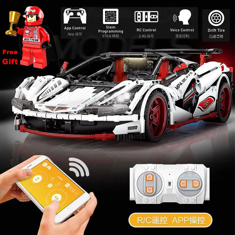 

App Rc Control Motor Drift Tire Racing Sport Car Set Figures Building Blocks Toys Compatible Sembo KAZI Technik 13067 Led