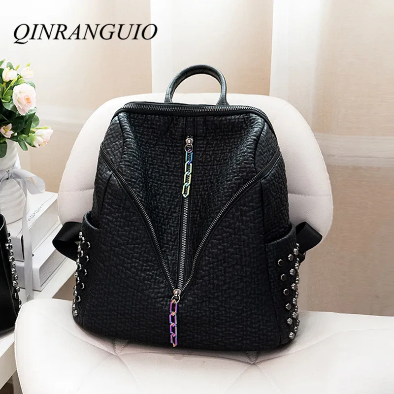 QINRANGUIO Women Backpack 2019 Fashion Black Backpack Women Soft Genuine Leather Backpack School  Bags for Teenage Girls