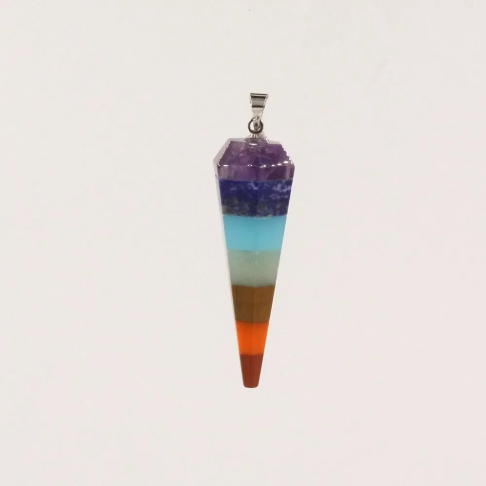 

12PC Rainbow 7 Chakra Layered Stones Pendant Pendulums Healing Dowsing Reiki Gems Lapis lazuli Hexagon Bullet Prism Pendant Free