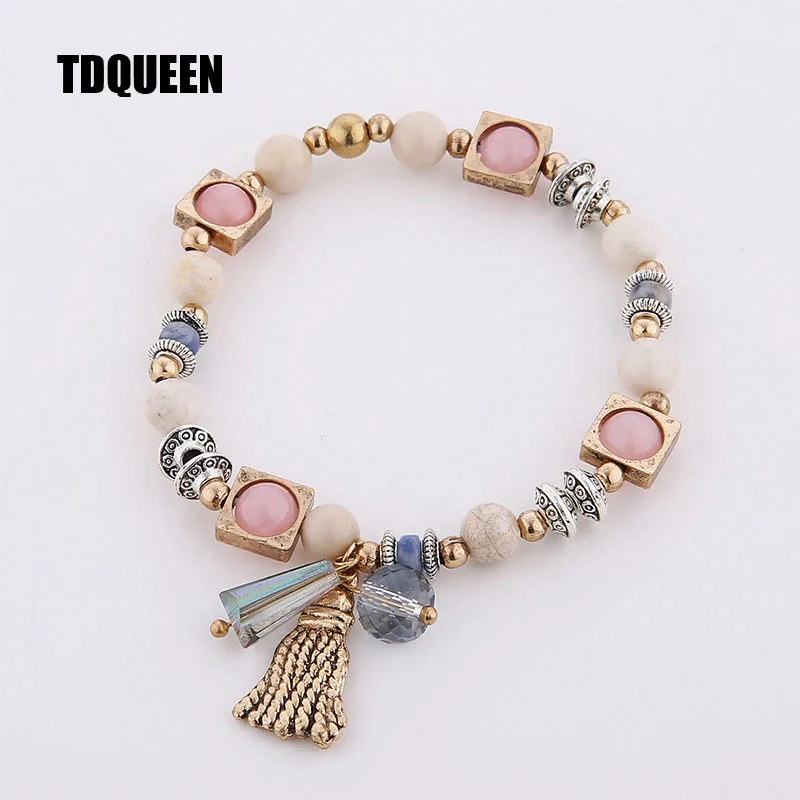 

Natural Stone Charm Bracelets Gold Color Metal Tassel Charm Pink Blue and White Combination Elastic Beads Bracelets