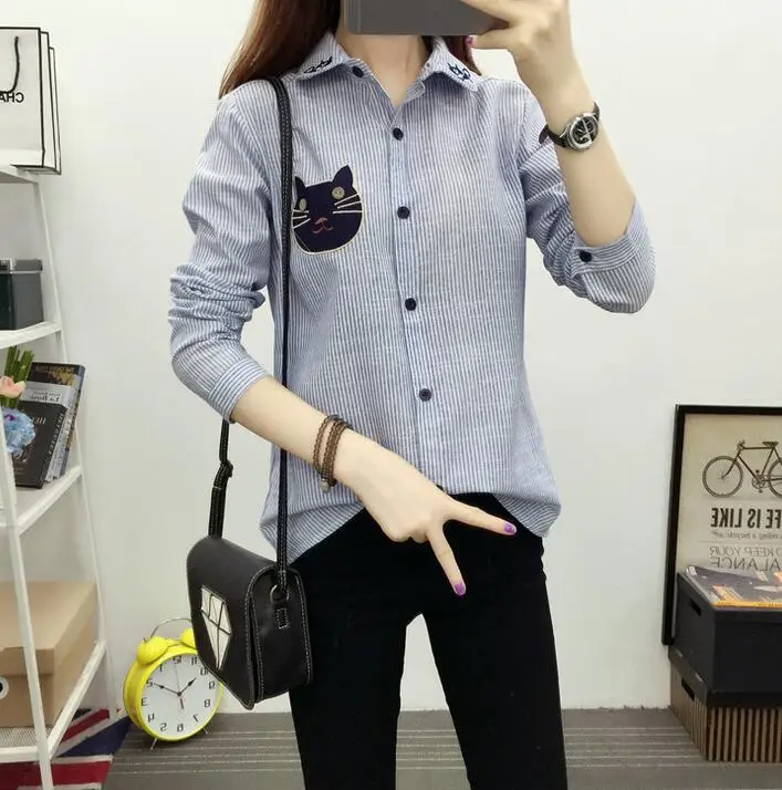 

Womens Tops Blusas Feminine Bluse 2017 Spring New Women Long Sleeve Cat Embroidery Casual Tops Blouses Striped Shirts