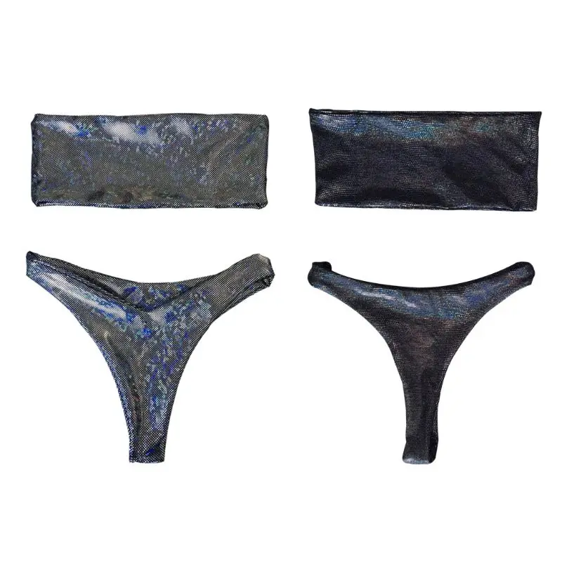 

Women Sexy Two Piece Hologram Rave Bikini Set Off The Shoulder Strapless Bandeau Glitter Rainbow Metallic Faux Leather