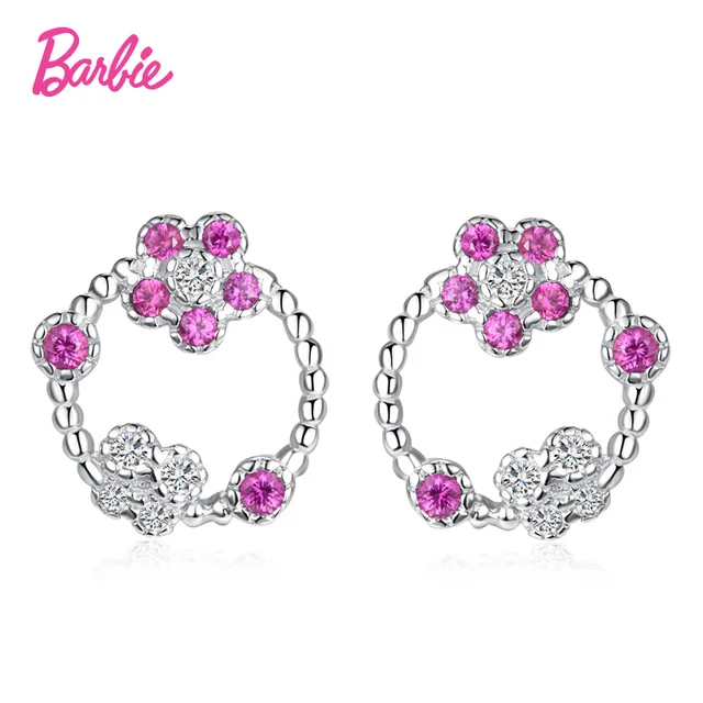 Barbie Earrings Round Silver Color Rose Red Stone For Women Barbie Earrings Round Silver Color Rose Red Stone For Women Vintage Earring Gift