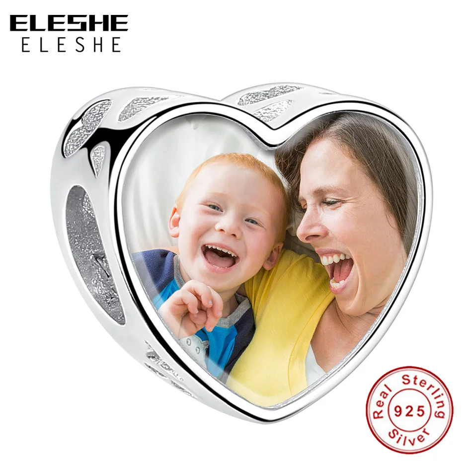 ELESHE Personalized Custom Photo 925 Silver Crystal Heart Charms Bead Fit Bracelet Photo Of Baby Mum Family DIY Jewelry