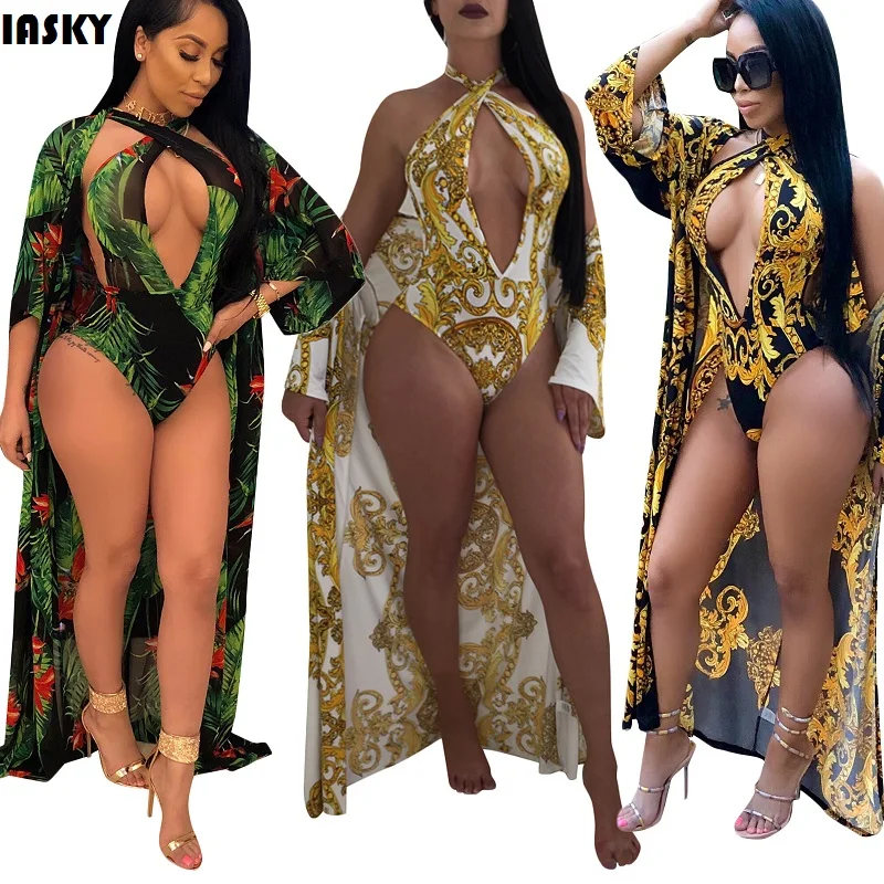 

IASKY 2PCS/SET Sexy Cover Up + Swimsuit Set 2018 Retro Print Women Cover Ups & one piece swimwear Robe De Plage