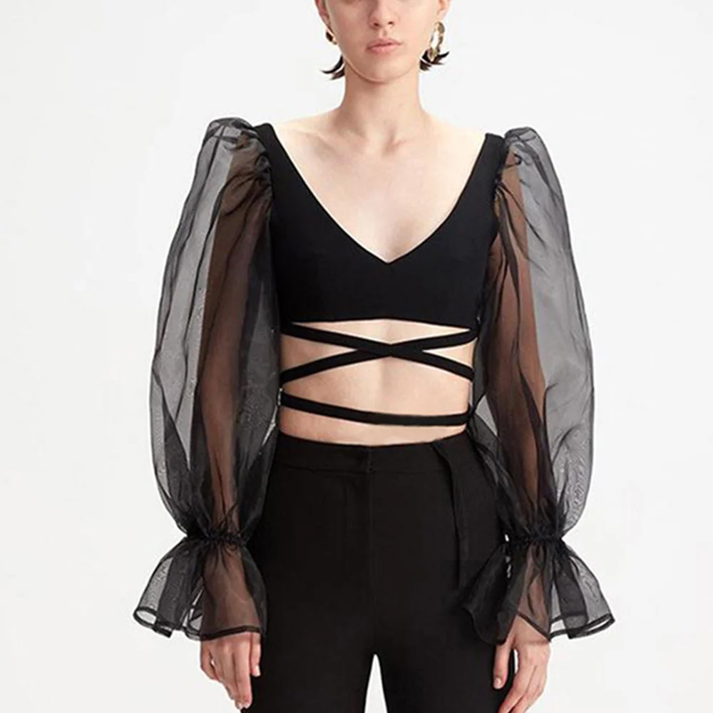 Puff Sleeve Crop Top Women Sexy Summer Fashion Woman Blouses 2019 Tops Tee V-neck Mesh Black Purple Sexy Elegant Women Shirts