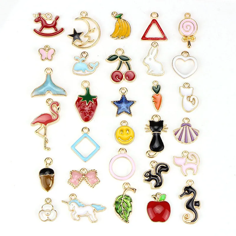 30PCS/set Animals Fruit Cat Leaf Mixed Enamel Beads Pendants Charms Craft DIY Jewelry Findings