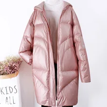 Новая модная женская длинная белая пуховая куртка Женская Толстая Теплая Повседневная ветрозащитная водонепроницаемая куртка с капюшоном блестящая парка