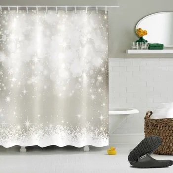 

White Shower Curtains Flicker Christmas Silver Stars Luxury Snowflake Bathroom Curtain Fabric Polyester for Bathtub Decor