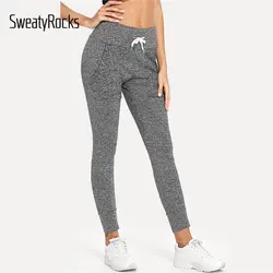 SweatyRocks серые повседневные панельные марсированные брюки на шнурке для женщин тренировка карман обтягивающие спортивные брюки 2018 Осенние