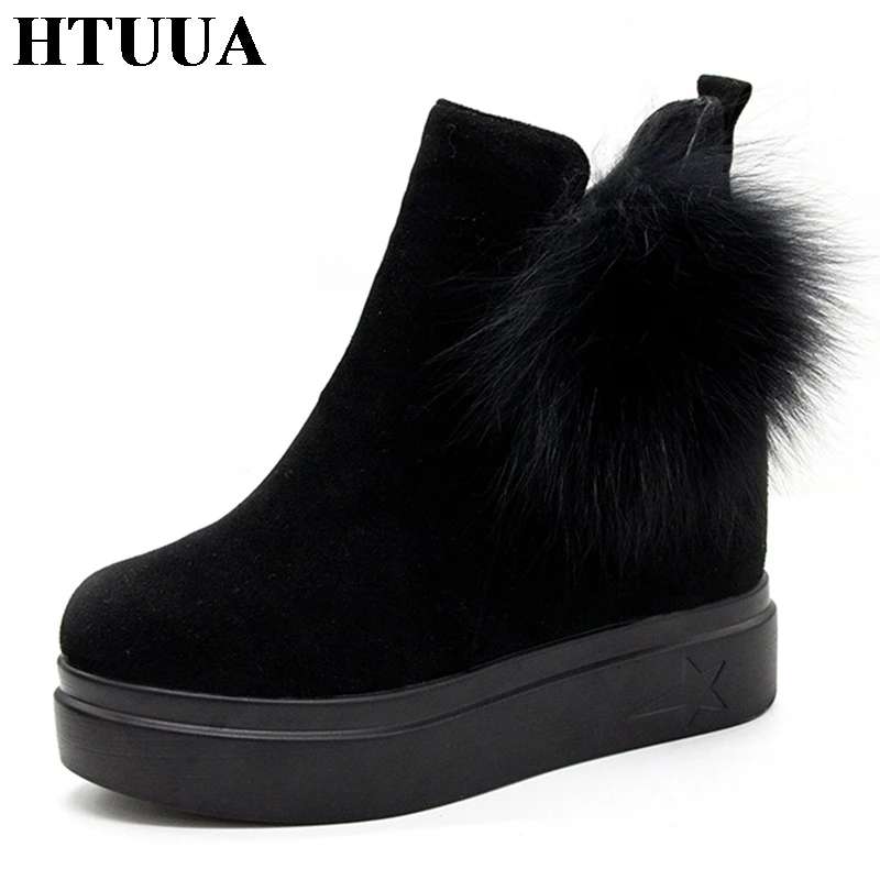 

HTUUA Autumn Winter Ankle Boots For Women Fluffy Fur Ball Creepers Wedge Platform Shoes Height Increasing Martin Boots SX1749