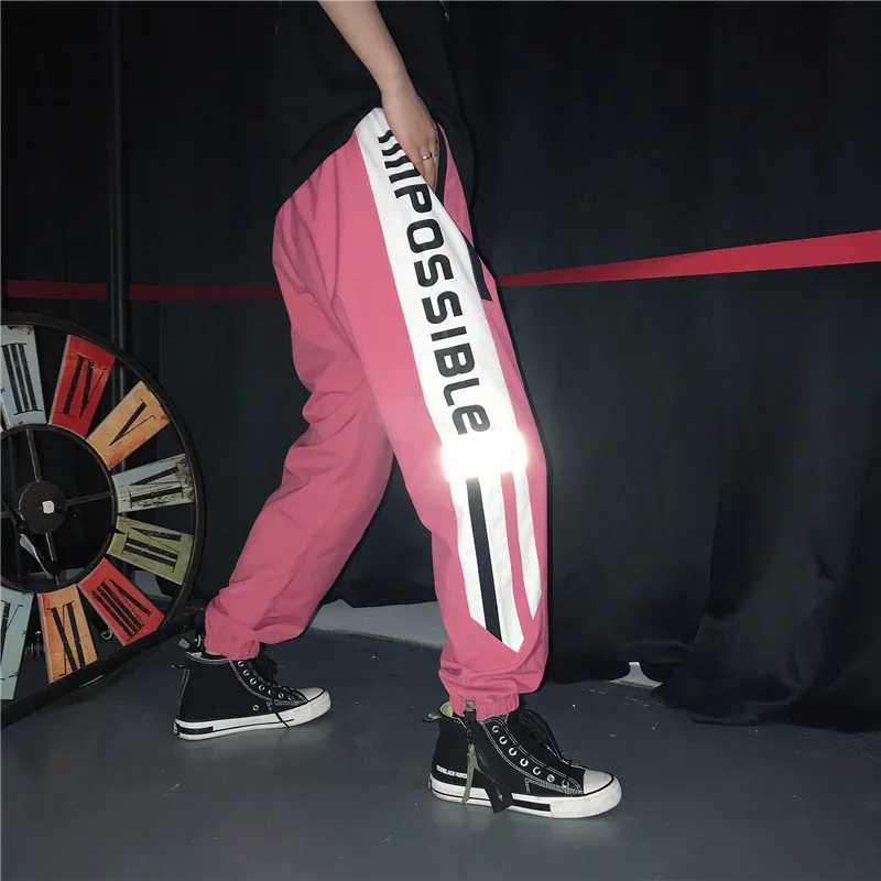 

Reflect light Night shine Summer hiphop pants men Letter prints Elastic waist Ankle length Red Black color 2019 Stylish