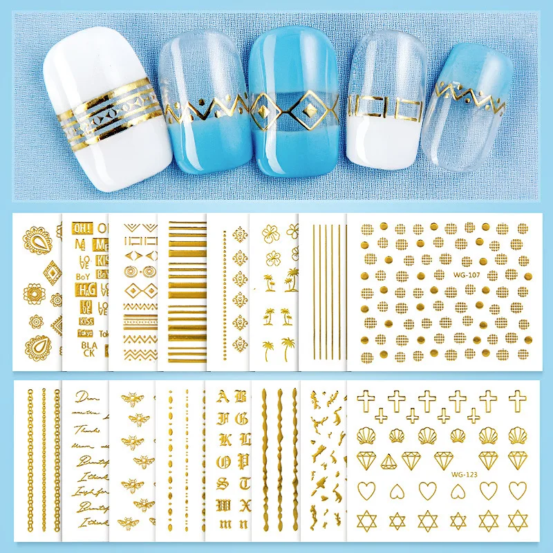 24 листа золотые стикеры 3D на ногти Nail Art полые наклейки смешанные дизайны клейкие