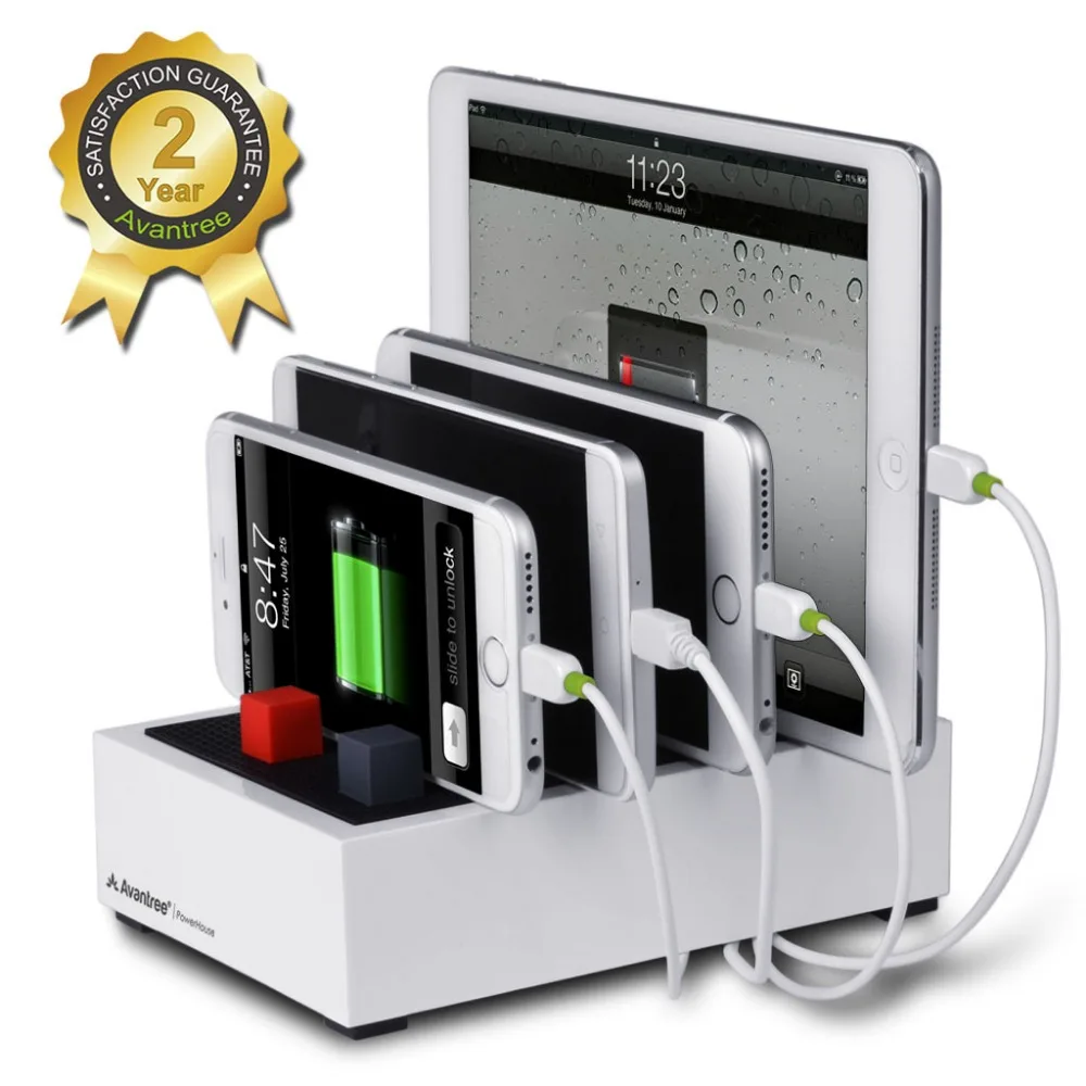  Avantree Desktop Multiple Devices USB Charging Station 4 Port 4.5A Fast Charger Docking with Cable Management - PowerHouse White 