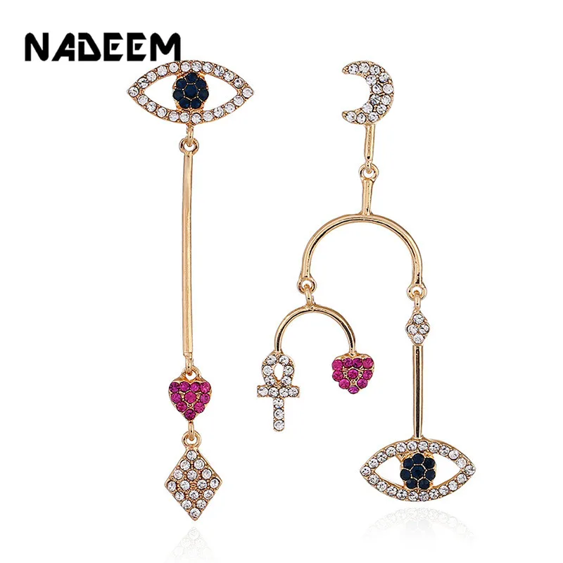 

NADEEM Fashion Gold Color Asymmetric Rhinestone Eye,Moon,Heart Charm Bridal Wedding Drop Dangle Earrings for Women Girls Gift