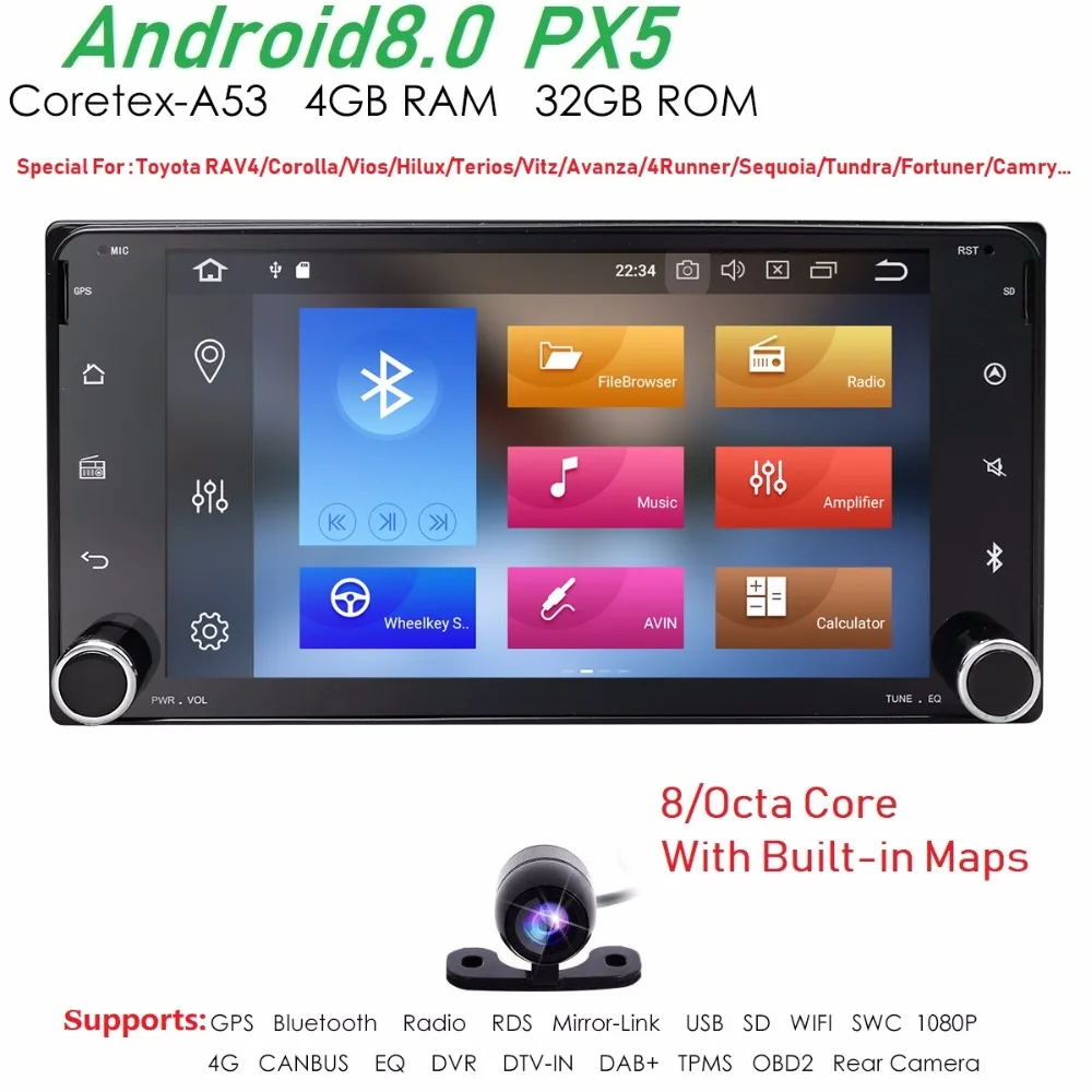 Автомобиль gps навигации ОС Android 8,0 4G + г 32 г 8 Core 7 дюймов в тире 2 Din стерео AM, FM радио RDS Bluetooth wi fi для Toyota Camry