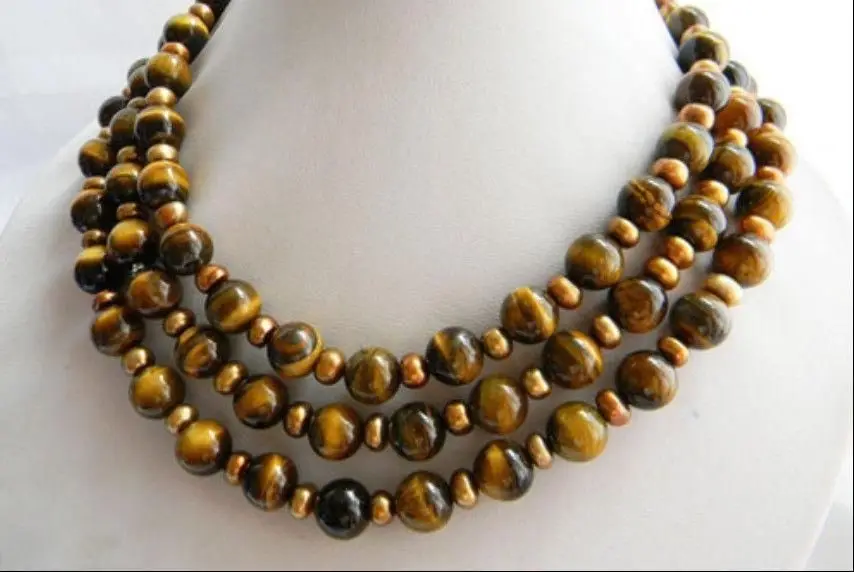 

FREE SHIPPING50 Inches Long 10mm Round Tiger'-eye Coffee Slice Freshwater Pearl Necklace AAA