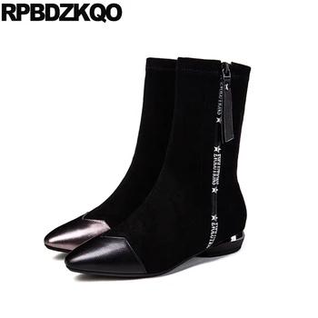 

brand women winter boots genuine leather stretch size 41 luxury 2018 shoes mid calf 10 handmade fur chunky pointed toe big black