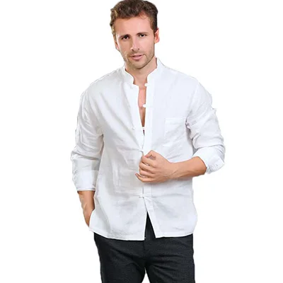 AYUNSUE плюс Размеры 3XL бренд Винтаж рубашка с длинными рукавами Для мужчин стенд воротник свободные льняные Для мужчин рубашки мужской белый Костюмы LX1825 - Цвет: white