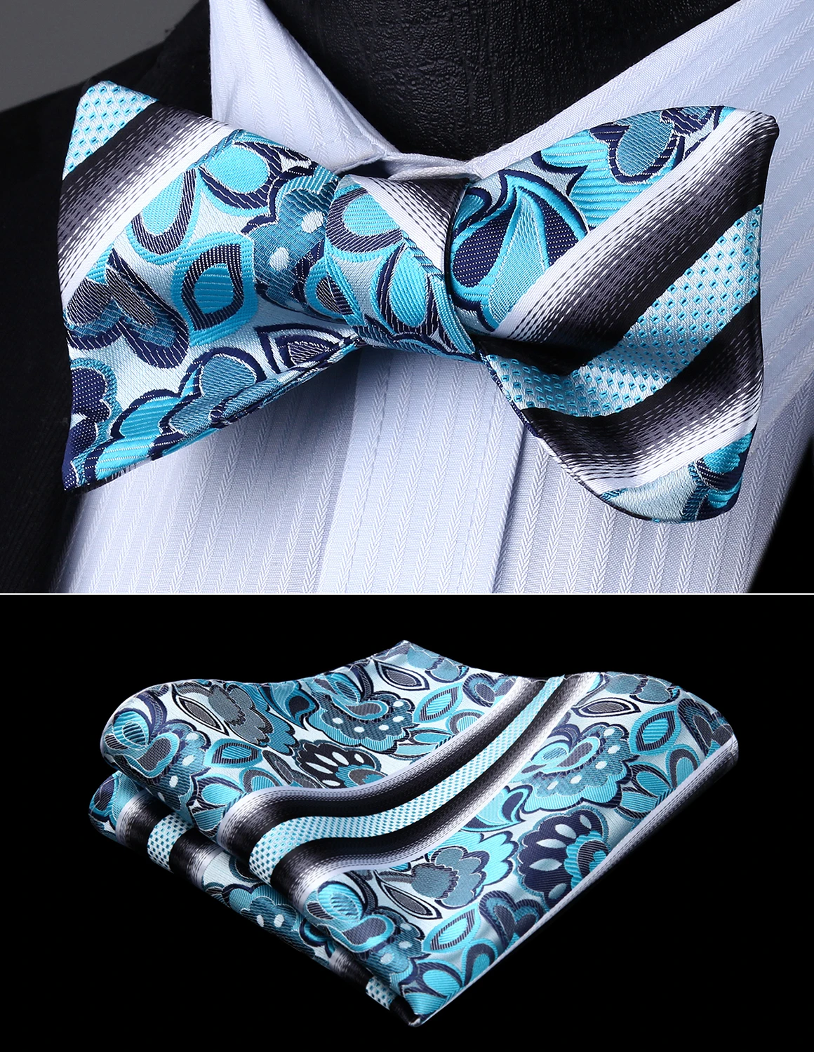 Bow Tie handkerchief set Men Woven Party Wedding Blue Black Paisley