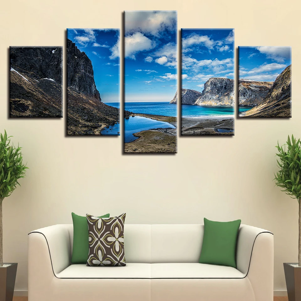 

Canvas Pictures Modular 5 Pieces Mountain Sea Water And Blue Sky White Cloud Scenery Paintings Framed HD Printing Wall Art Decor