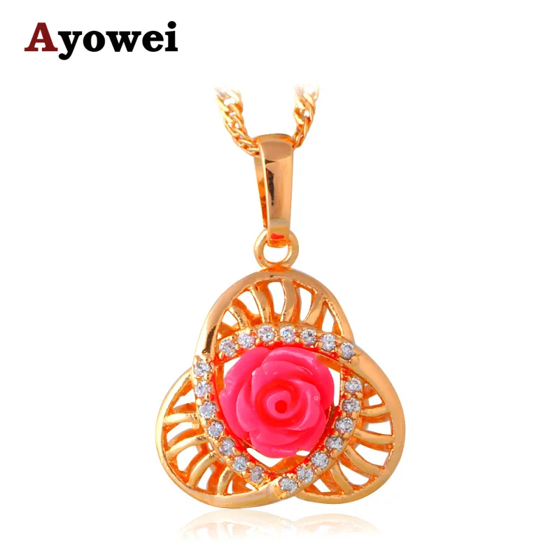 

Delicate Rose Design Pink for Declaration of love Yellow Gold tone Zircon Necklaces & Pendants Fashion Jewelry LN614A