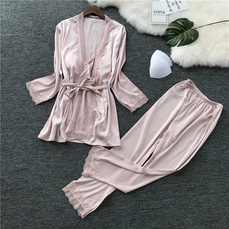 

Satin Home Wear Female Pajamas Set Casual Sleepwear Suit Sexy 3PCS Strap Top&Pants&Robe Pink Nightwear Kimono Bathrobe Gown